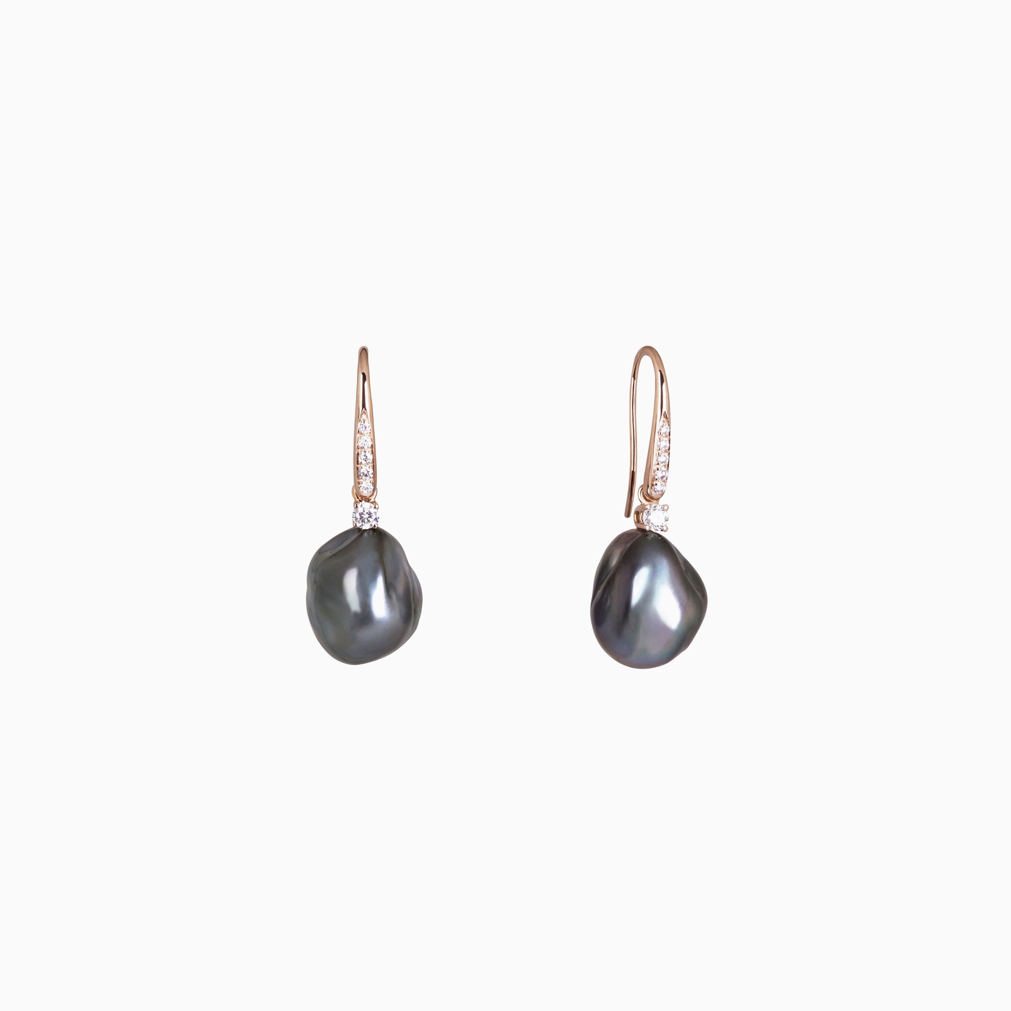 Tahitian Baroque Black Pearl Diamond Stud Earrings In 18k Rose