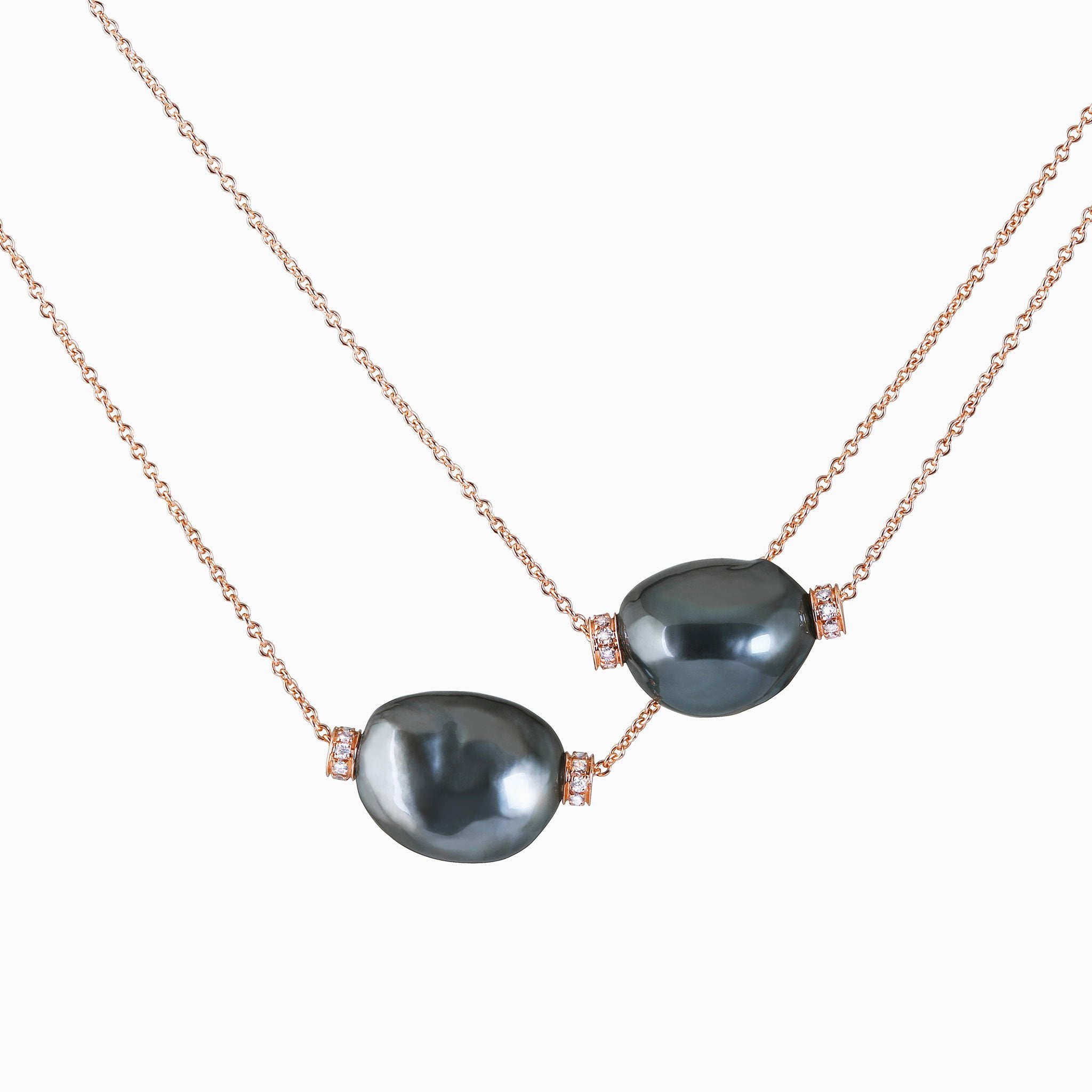 Tahitian Baroque Black Pearl Necklace Pave Diamond In 18k Rose